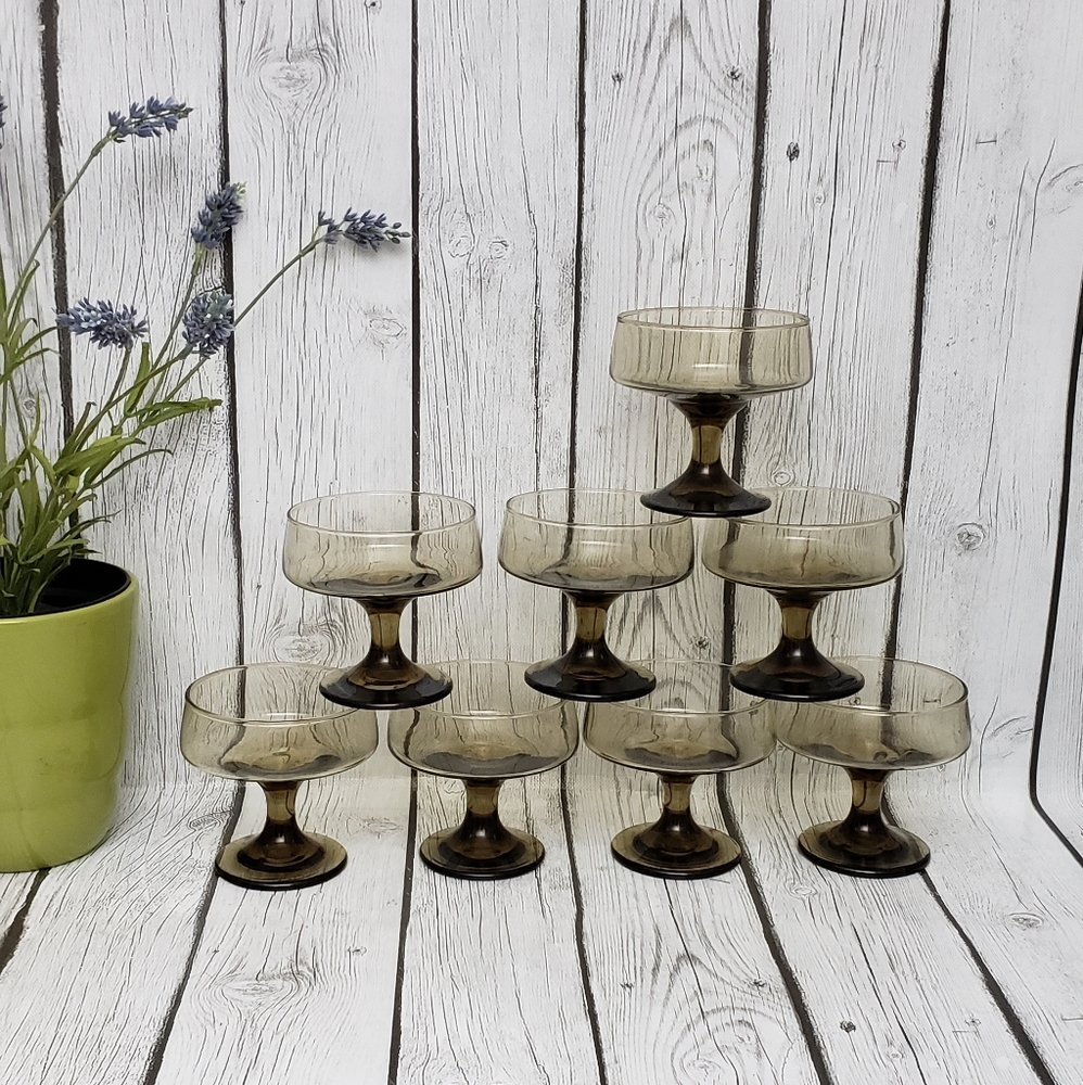 Libbey Tawny MidCentury Smoke Glass Low Champagne Sorbet Coupe Glasses, Set of 8
